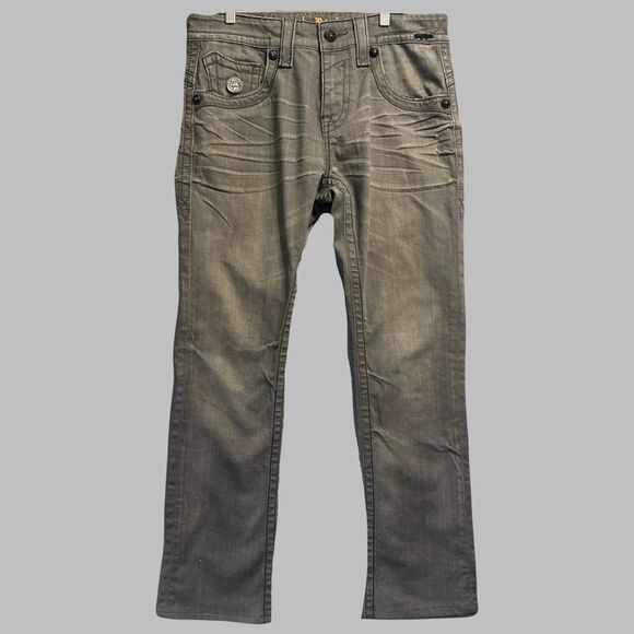 Rock Revival Russell Slim Straight Jeans Mens Size 33 Gray Embroidered - Picture 2 of 13